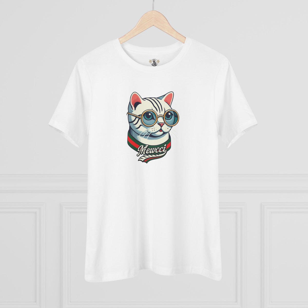 Mewcci Cat Icon Graphic Women's T-Shirt in white, on a hanger