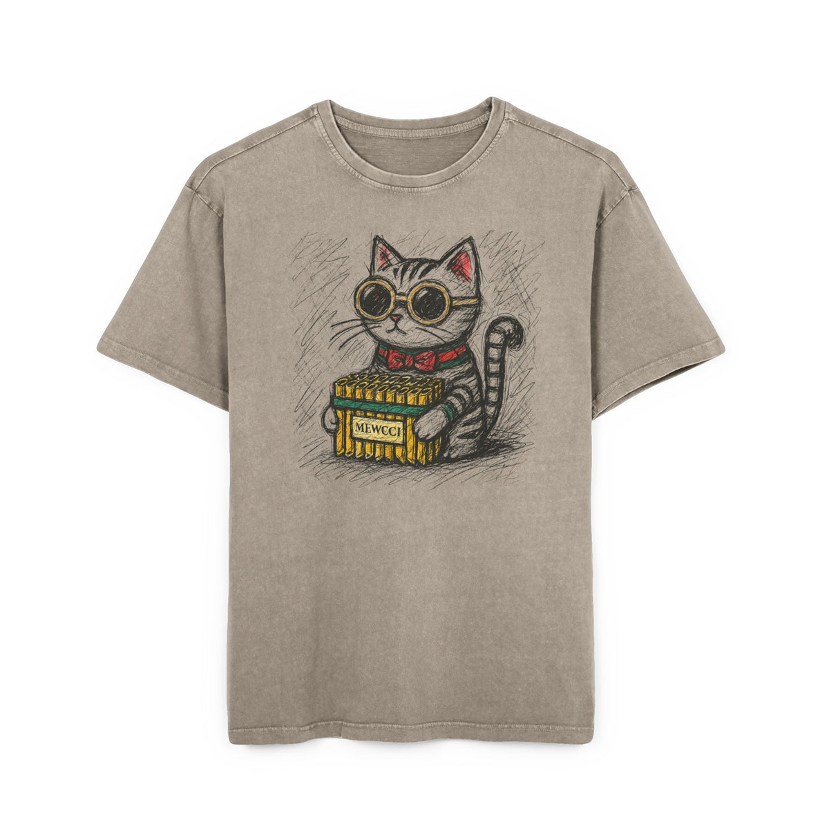 Mewcci Cat Pasta Sketch Acid Washed Khaki Oversized Men's T-Shirt in dark khaki, front view