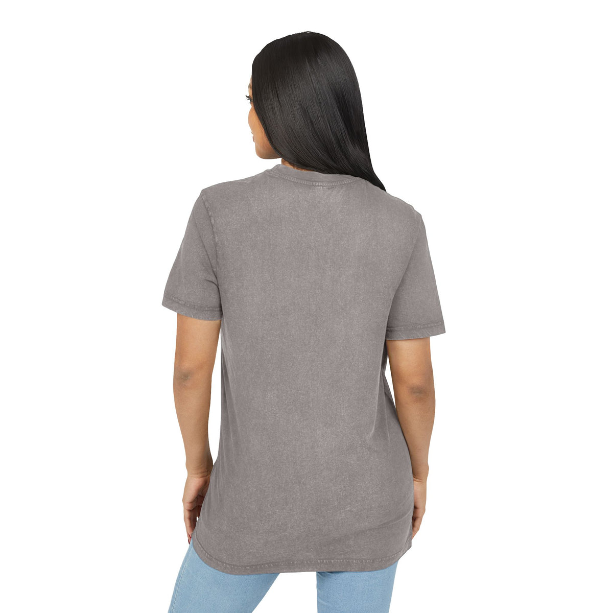 Mewcci Cat Pasta Sketch Graphic Acid Washed Tee in asphalt, back view on a female model