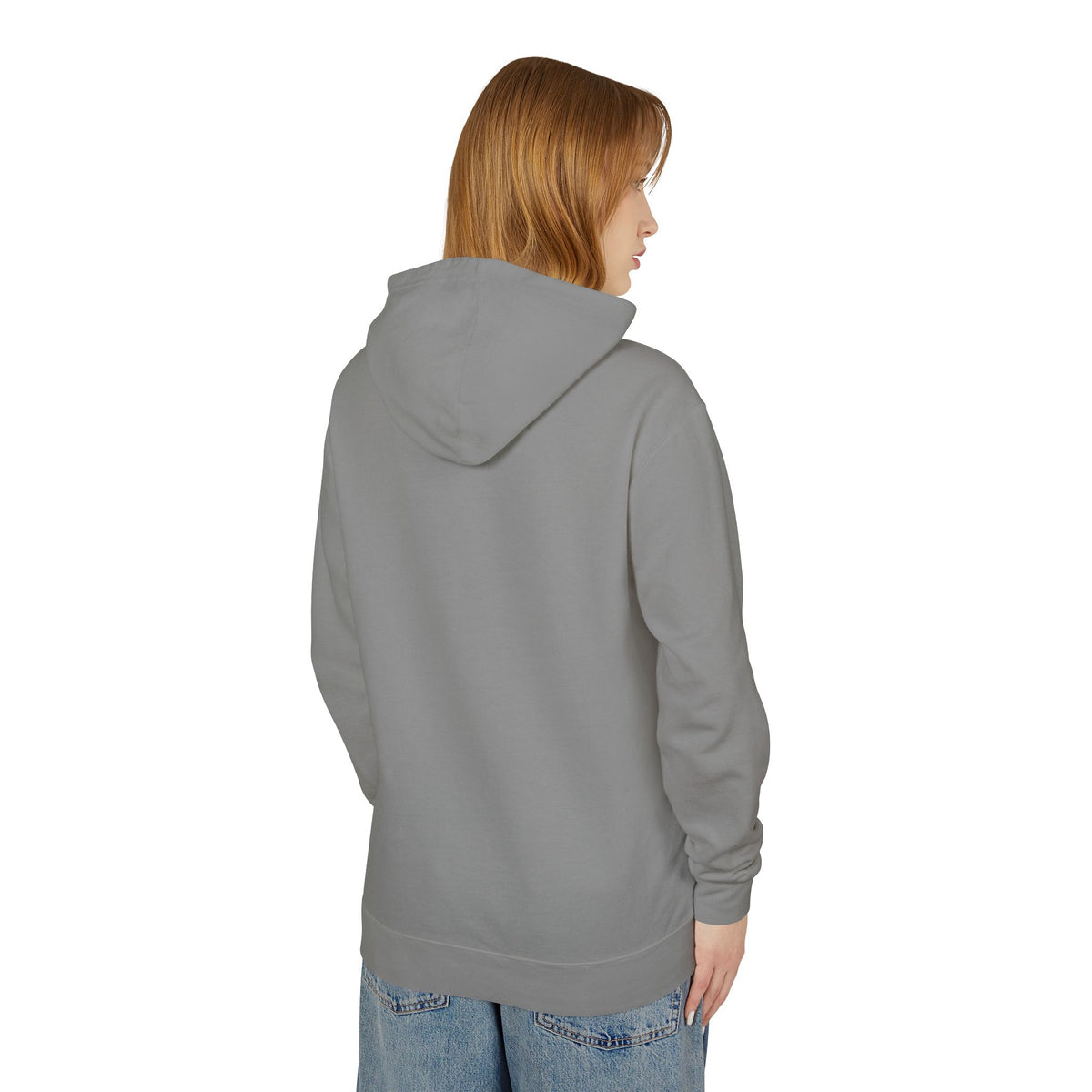 Mewcci Cat Pasta Sketch Graphic Gray Hoodie, back view on a female model