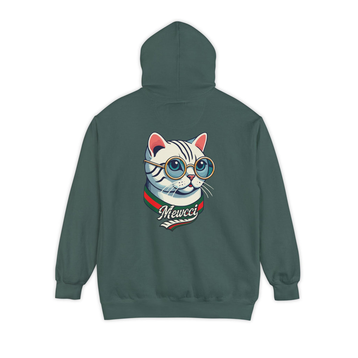 Mewcci Chest Logo Cat Icon Back Graphic Hoodie in blue spruce, back view