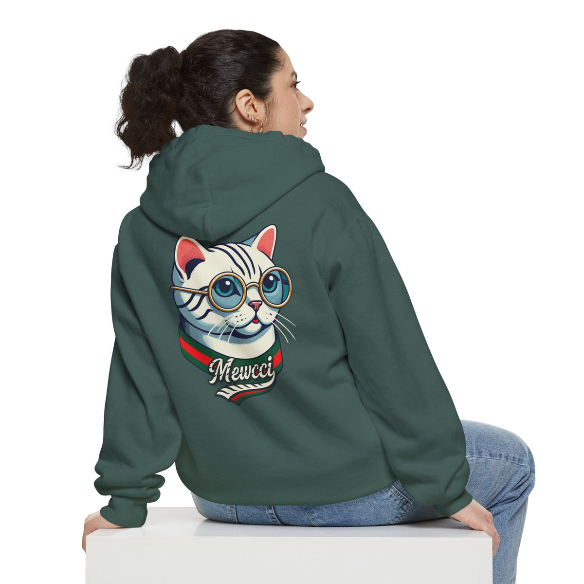 Mewcci Chest Logo Cat Icon Back Graphic Hoodie in blue spruce, back view on a female model
