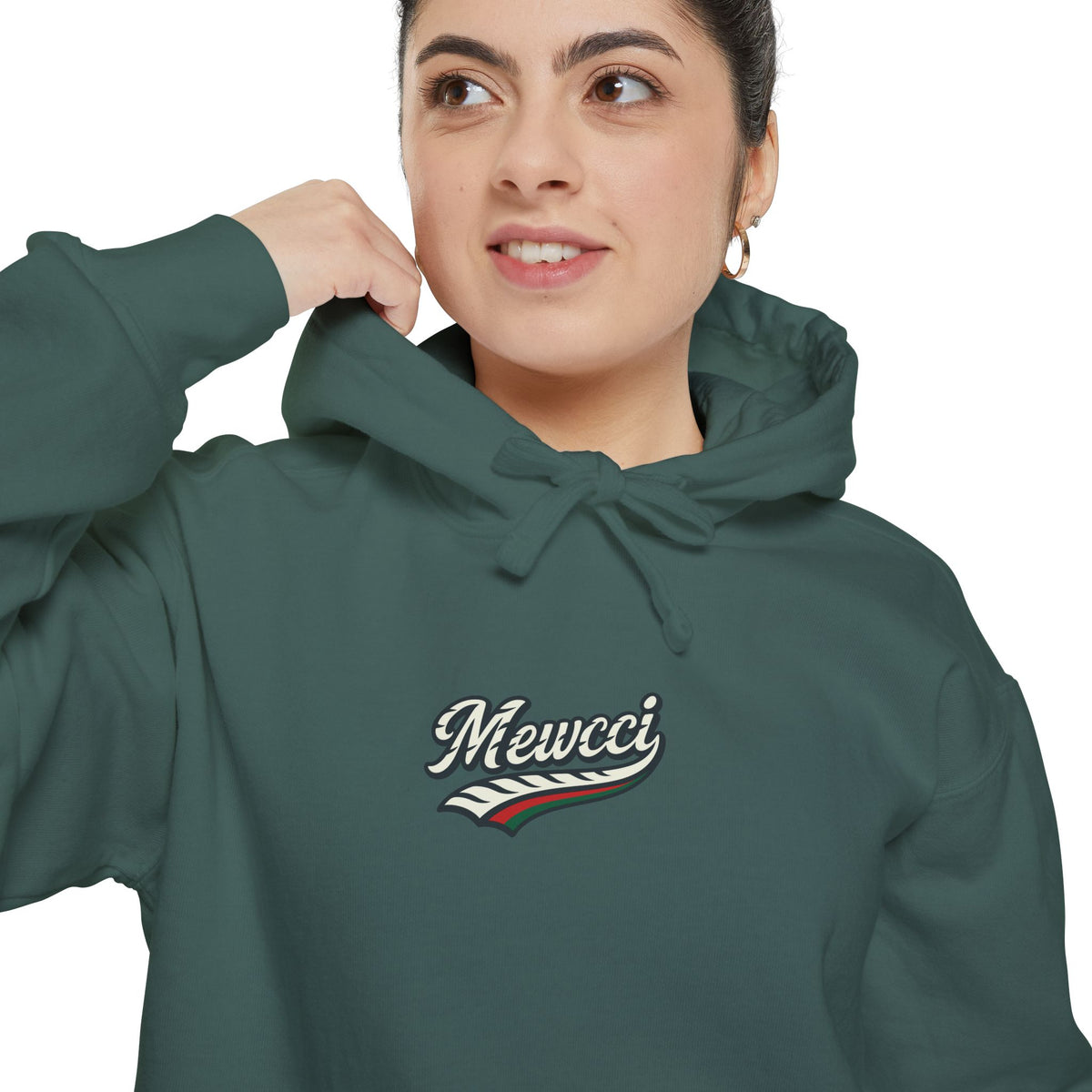 Mewcci Chest Logo Cat Icon Back Graphic Hoodie in blue spruce, worn by a female model