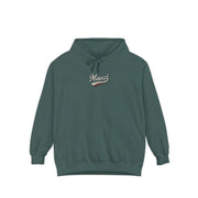 Mewcci Chest Logo Cat Icon Back Graphic Hoodie in blue spruce, front view