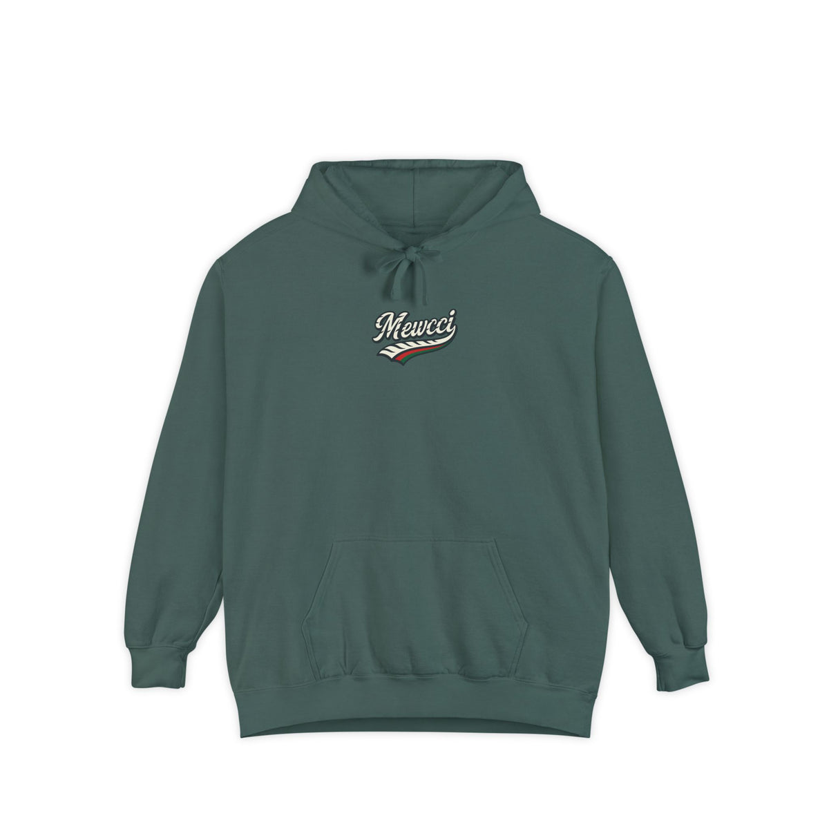 Mewcci Chest Logo Cat Icon Back Graphic Hoodie in blue spruce, front view