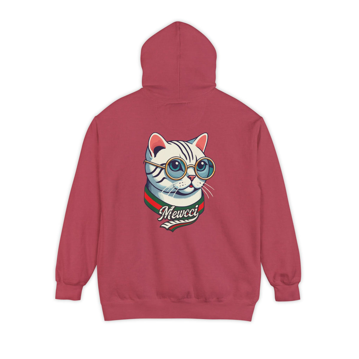 Mewcci Chest Logo Cat Icon Back Graphic Hoodie in crimson, back view
