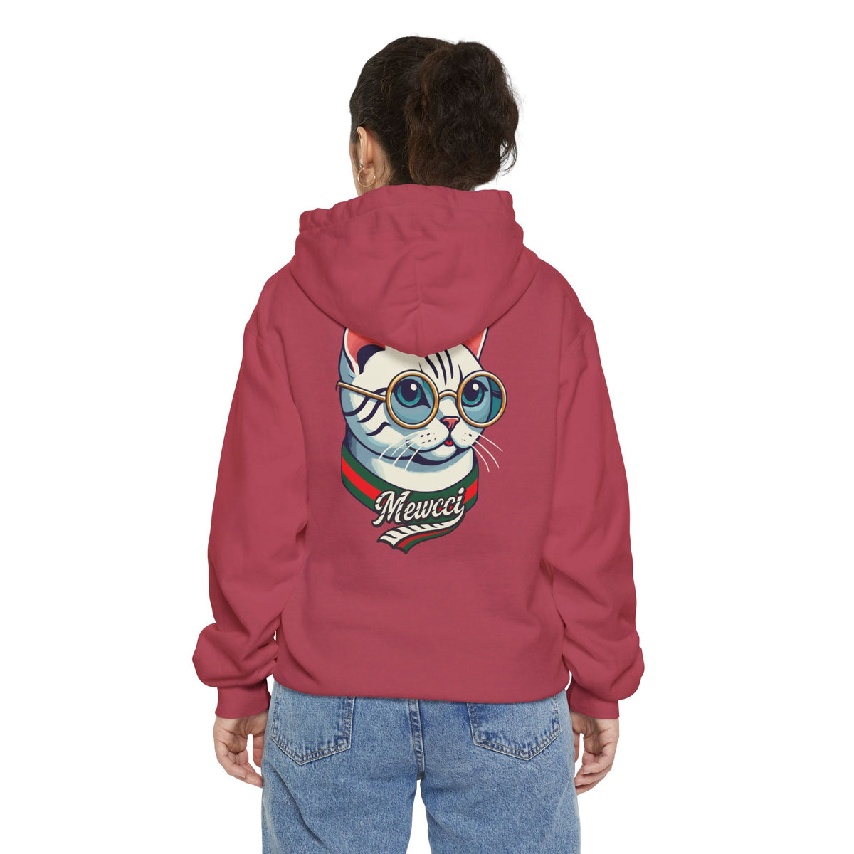 Mewcci Chest Logo Cat Icon Back Graphic Hoodie in crimson, back view on a female model