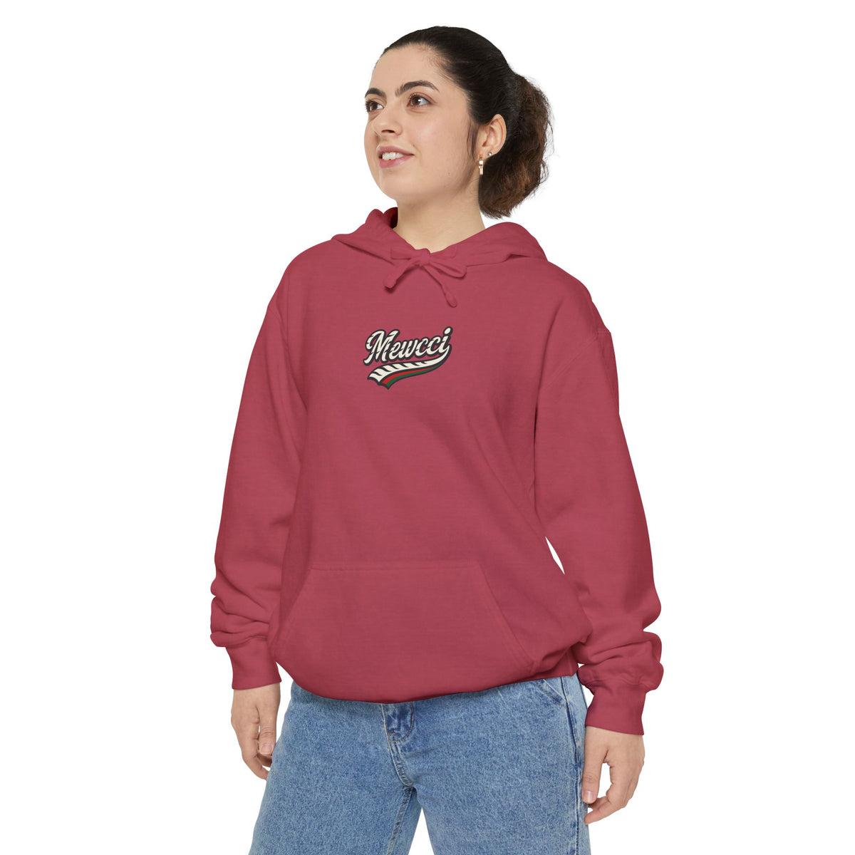 Mewcci Chest Logo Cat Icon Back Graphic Hoodie in crimson, worn by a female model