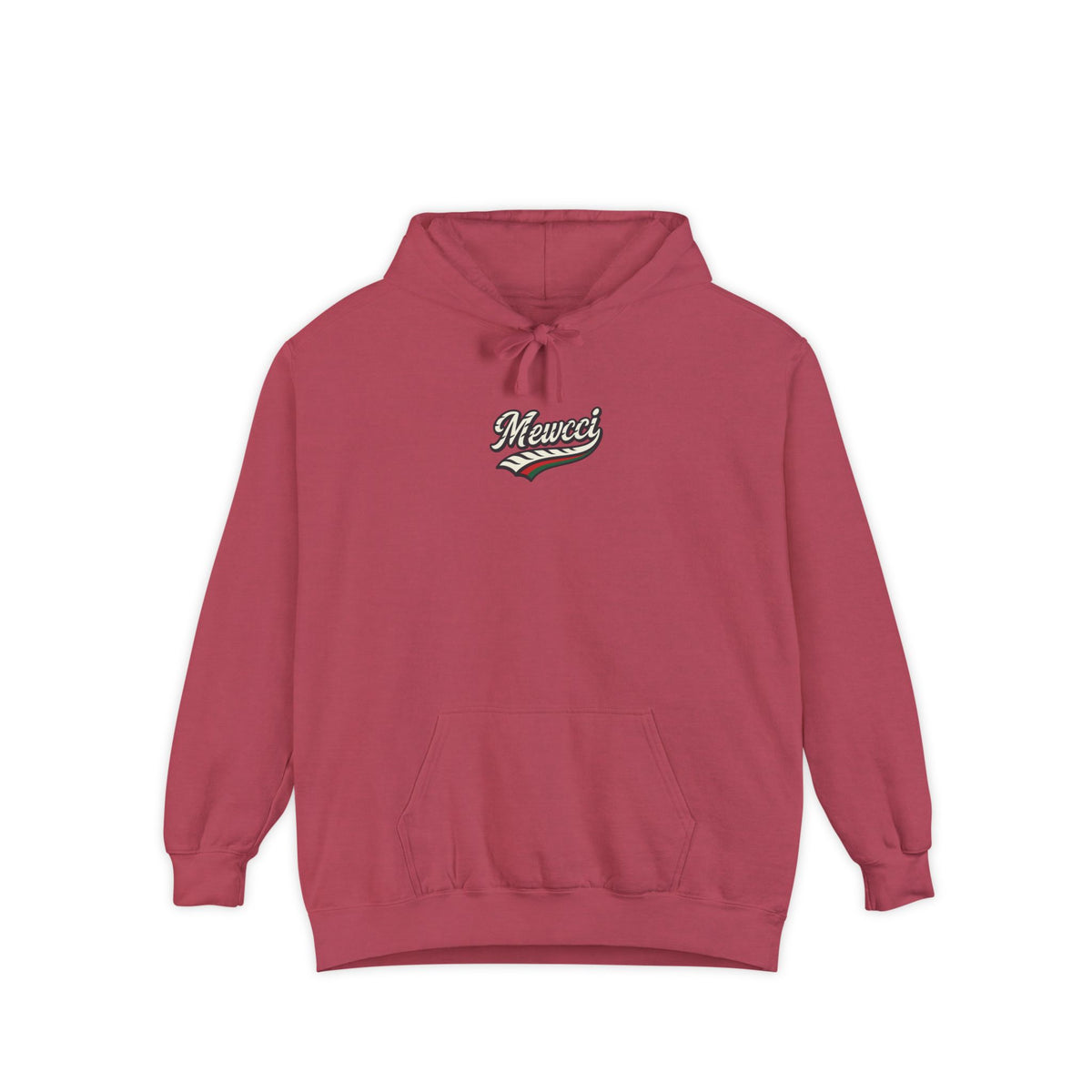Mewcci Chest Logo Cat Icon Back Graphic Hoodie in crimson, front view
