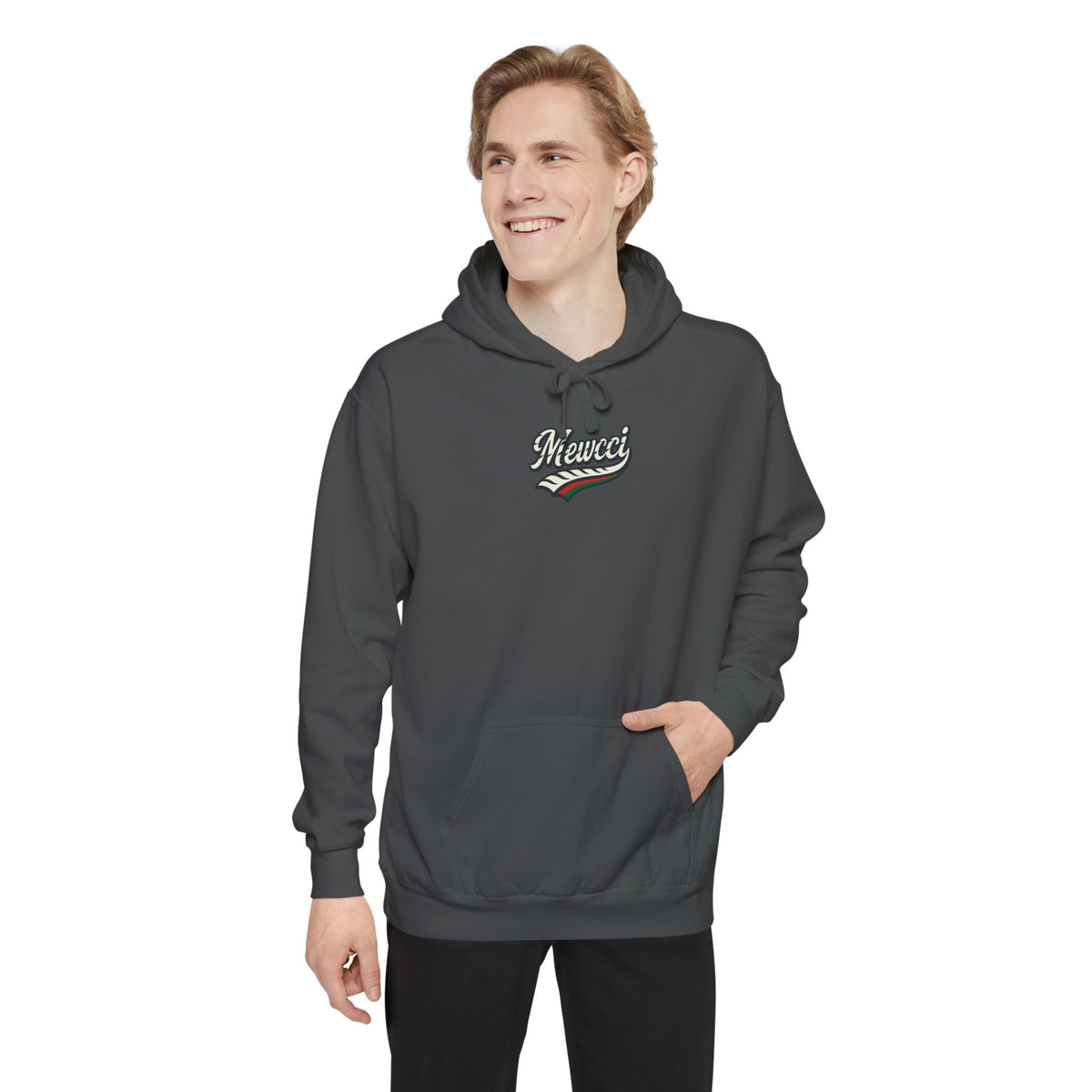 Mewcci Chest Logo Cat Icon Back Graphic Hoodie in pepper, worn by a male model