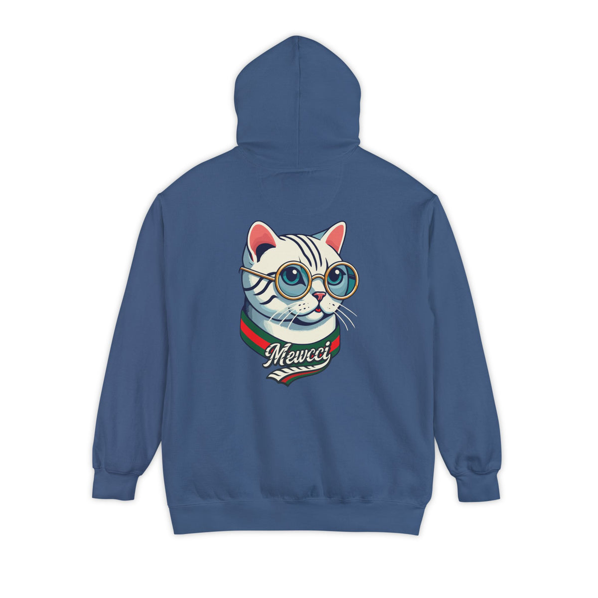 Mewcci Chest Logo Cat Icon Back Graphic Hoodie in true navy, front view