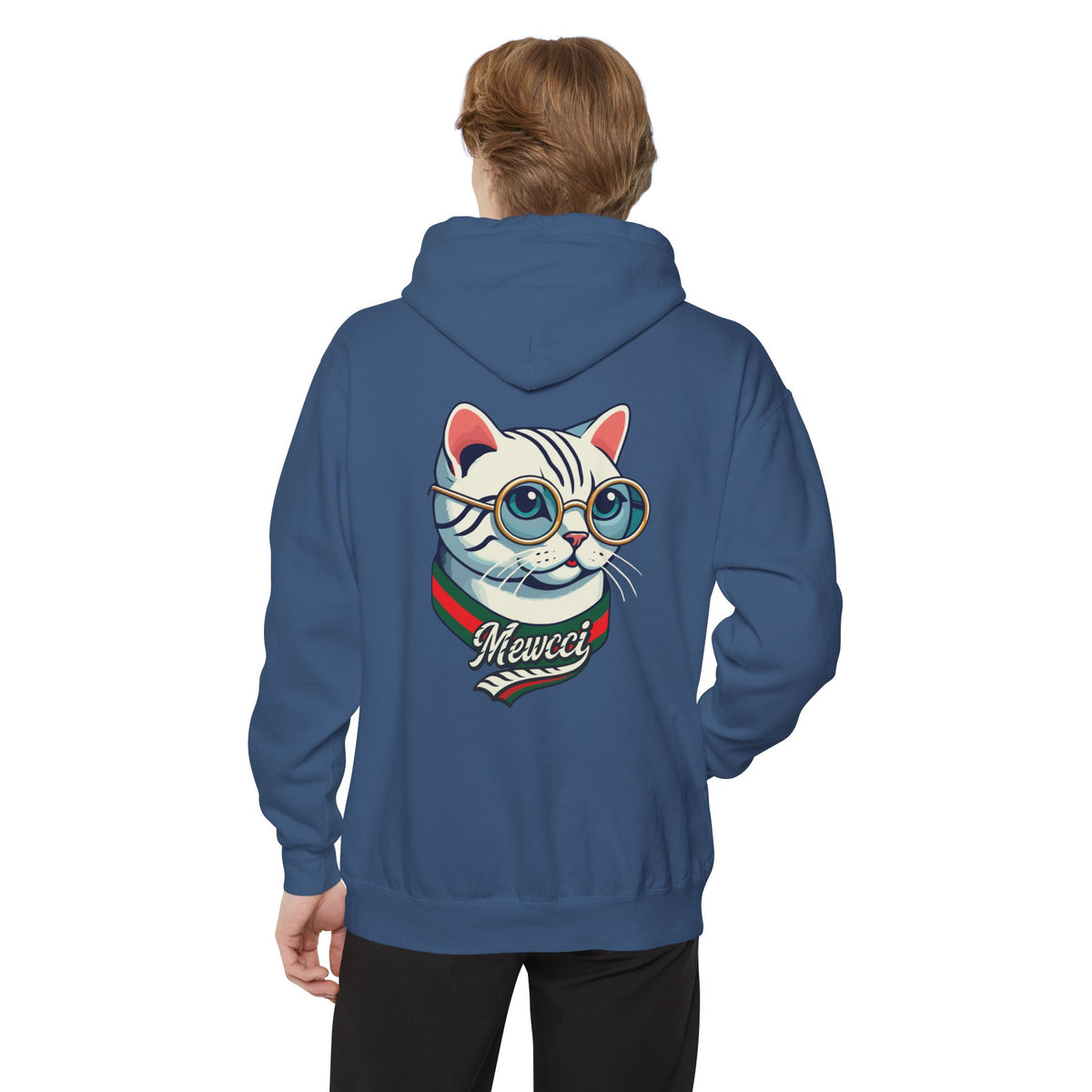 Mewcci Chest Logo Cat Icon Back Graphic Hoodie in true navy, back view on a male model