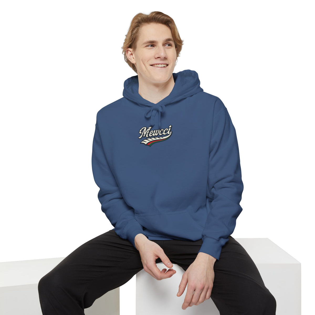 Mewcci Chest Logo Cat Icon Back Graphic Hoodie in true navy, worn by a male model