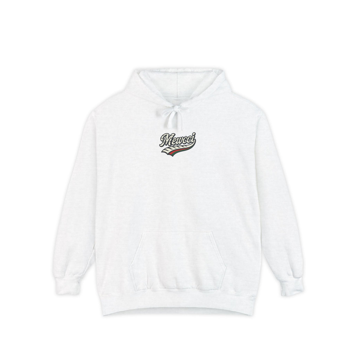 Mewcci Chest Logo Cat Icon Back Graphic Hoodie in white, front view