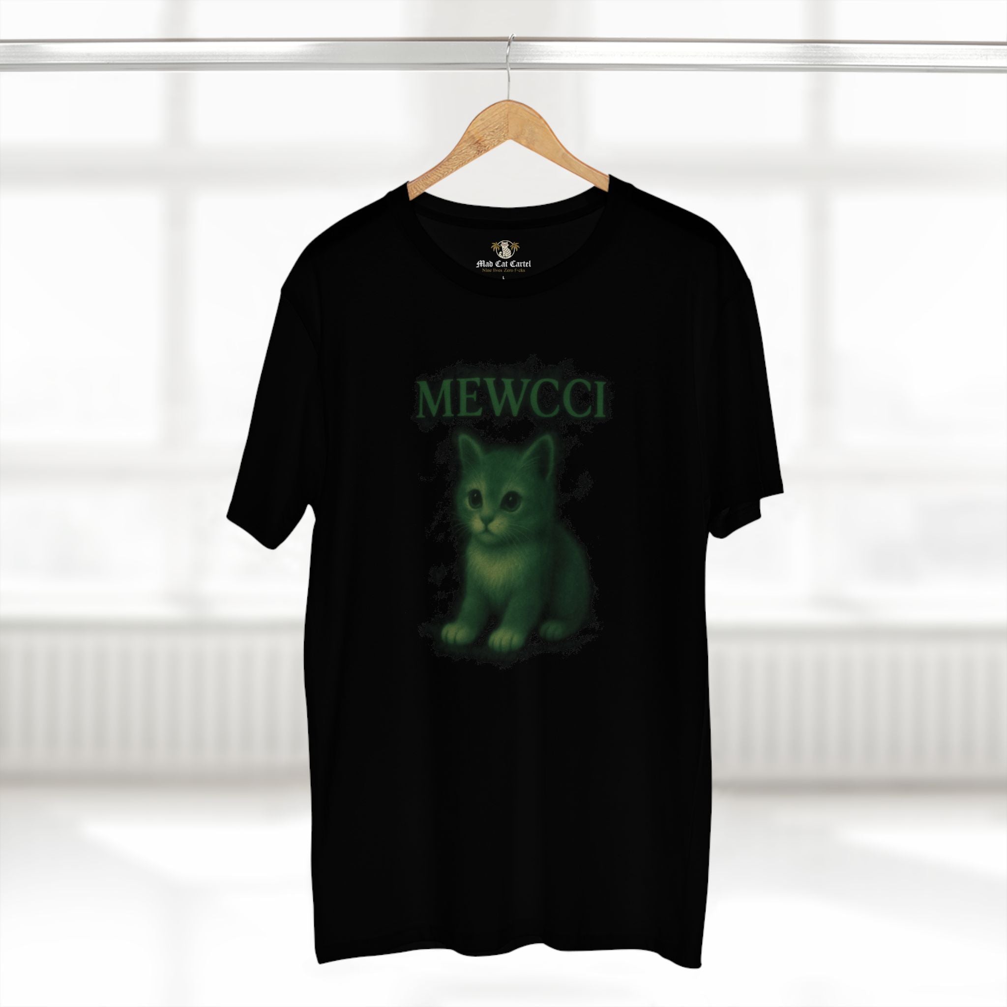 Mewcci Green Aura Kitty Print Graphic Black T-Shirt, on a hanger