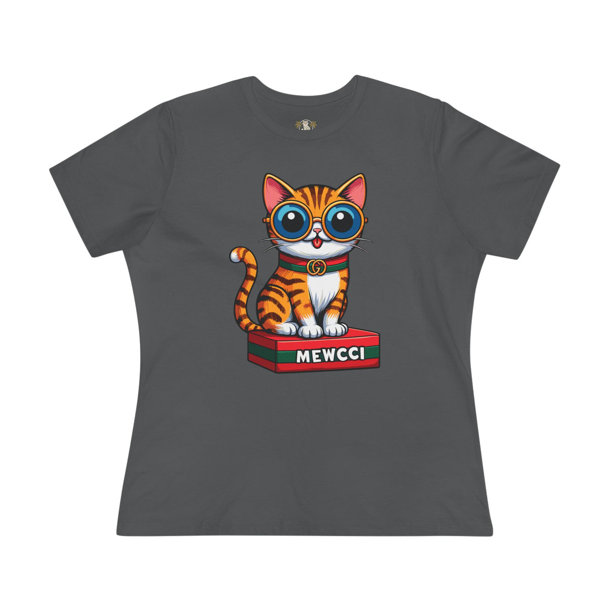 Mewcci Iconic Box Cat Graphic Women's T-Shirt in asphalt, front view