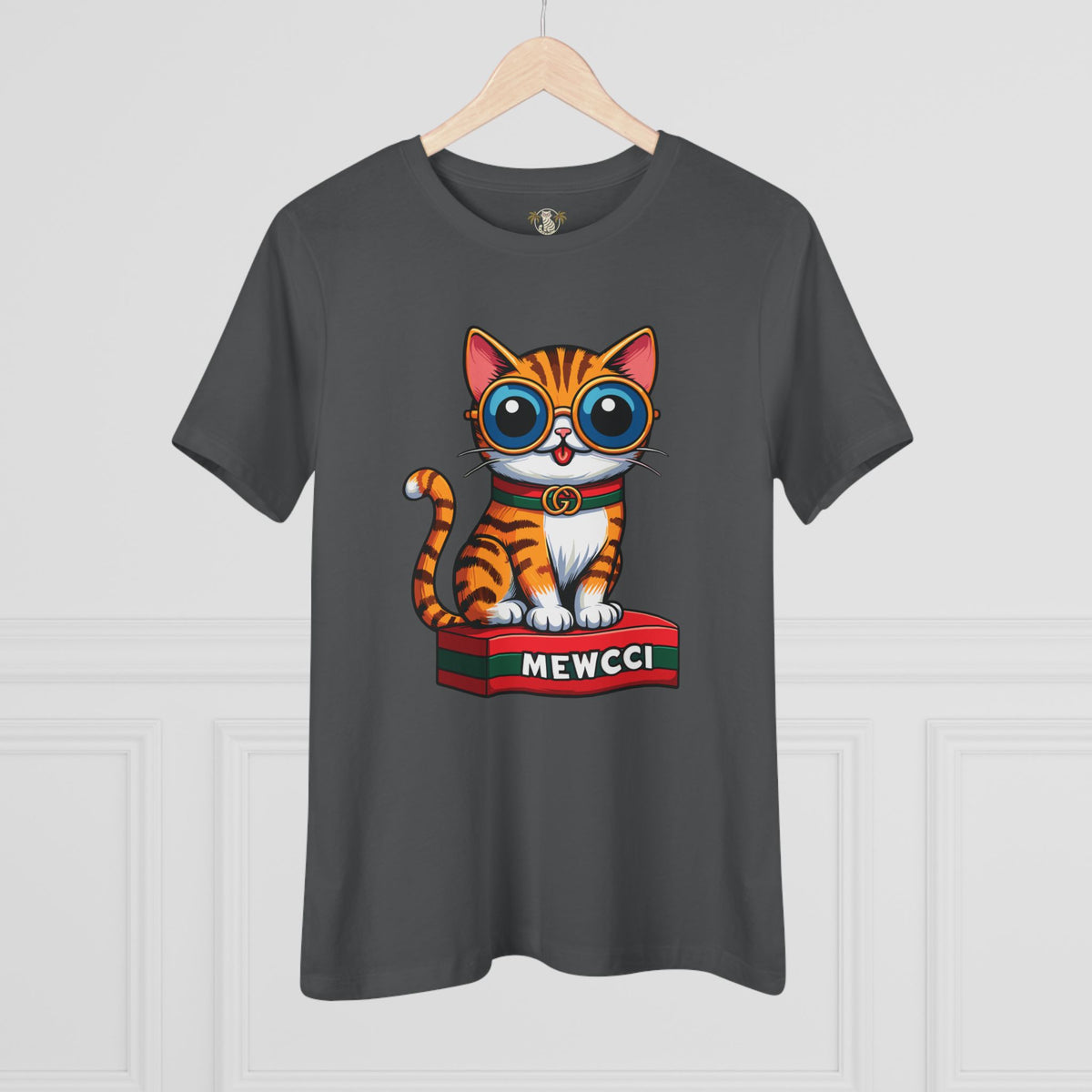 Mewcci Iconic Box Cat Graphic Women's T-Shirt in asphalt, on a hanger