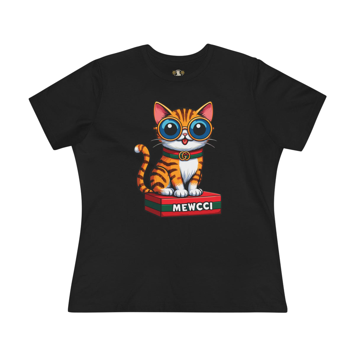 Mewcci Iconic Box Cat Graphic Women's T-Shirt in black, flat lay