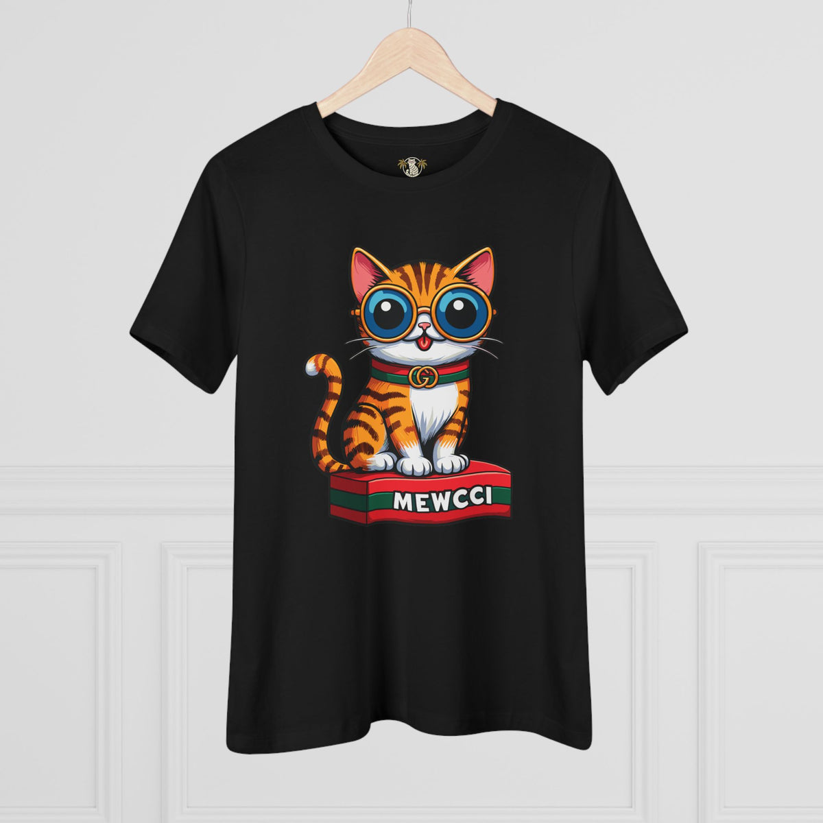 Mewcci Iconic Box Cat Graphic Women's T-Shirt in black, on a hanger