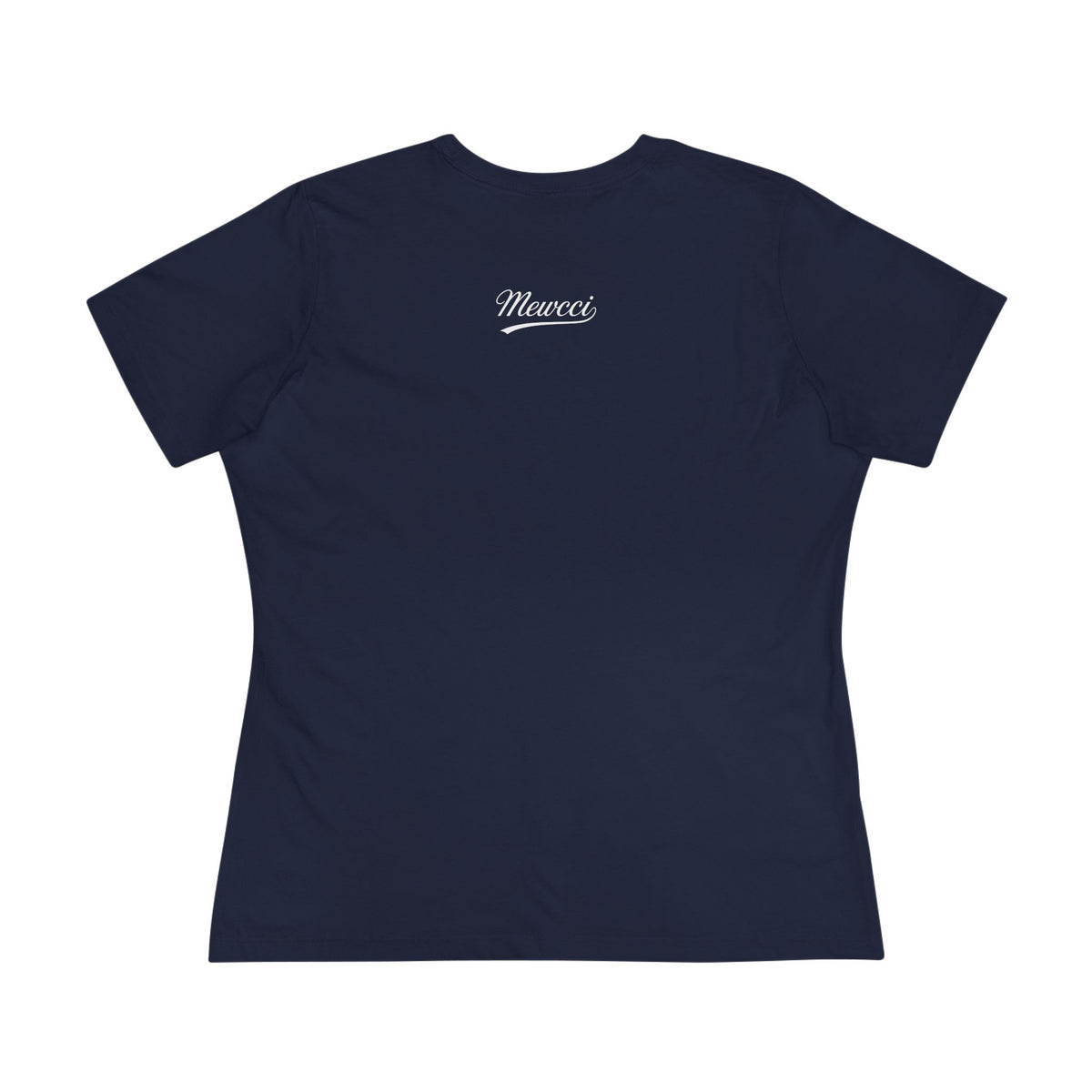 Mewcci Iconic Box Cat Graphic Women's T-Shirt in navy, flat lay, back