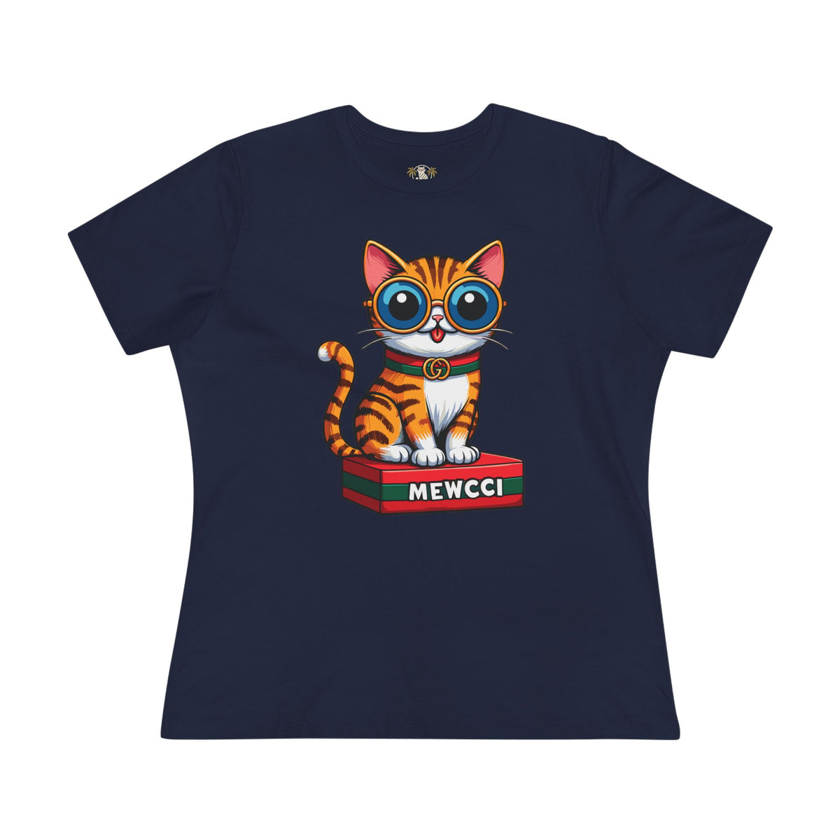 Mewcci Iconic Box Cat Graphic Women's T-Shirt in navy, flat lay