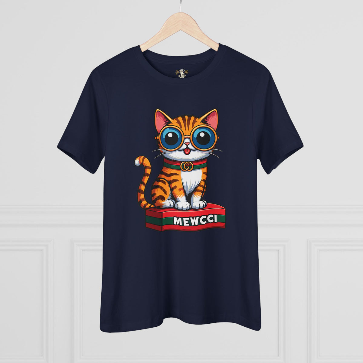 Mewcci Iconic Box Cat Graphic Women's T-Shirt in navy, on a hanger