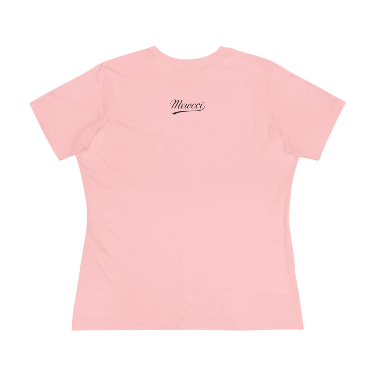 Mewcci Iconic Box Cat Graphic Women's T-Shirt in pink, flat lay, back