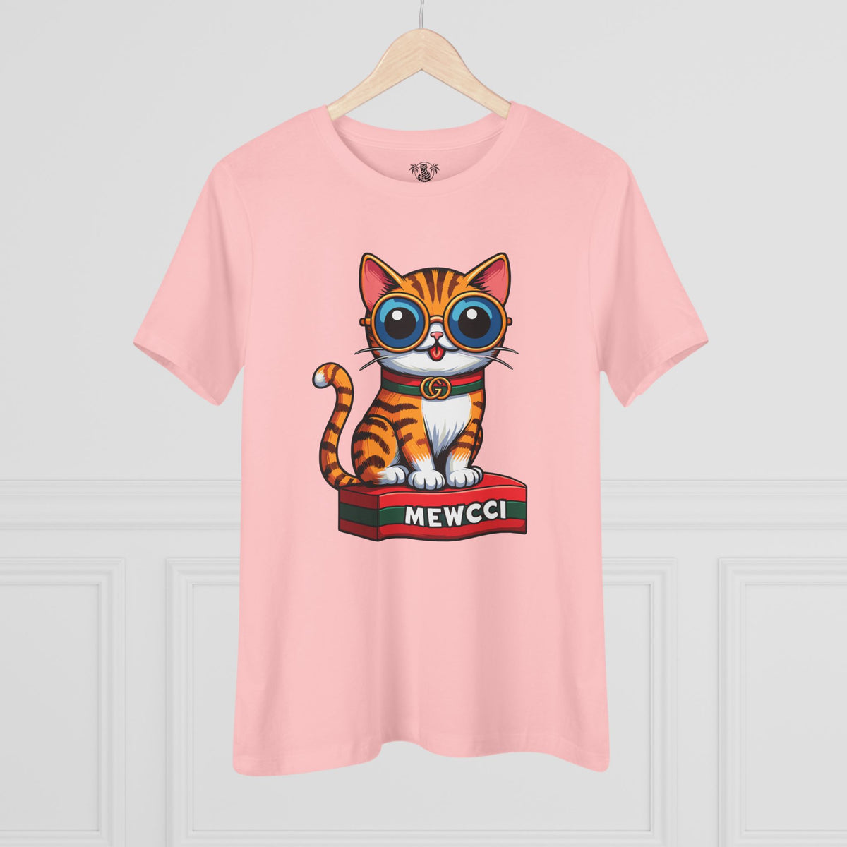 Mewcci Iconic Box Cat Graphic Women's T-Shirt in pink, on a hanger