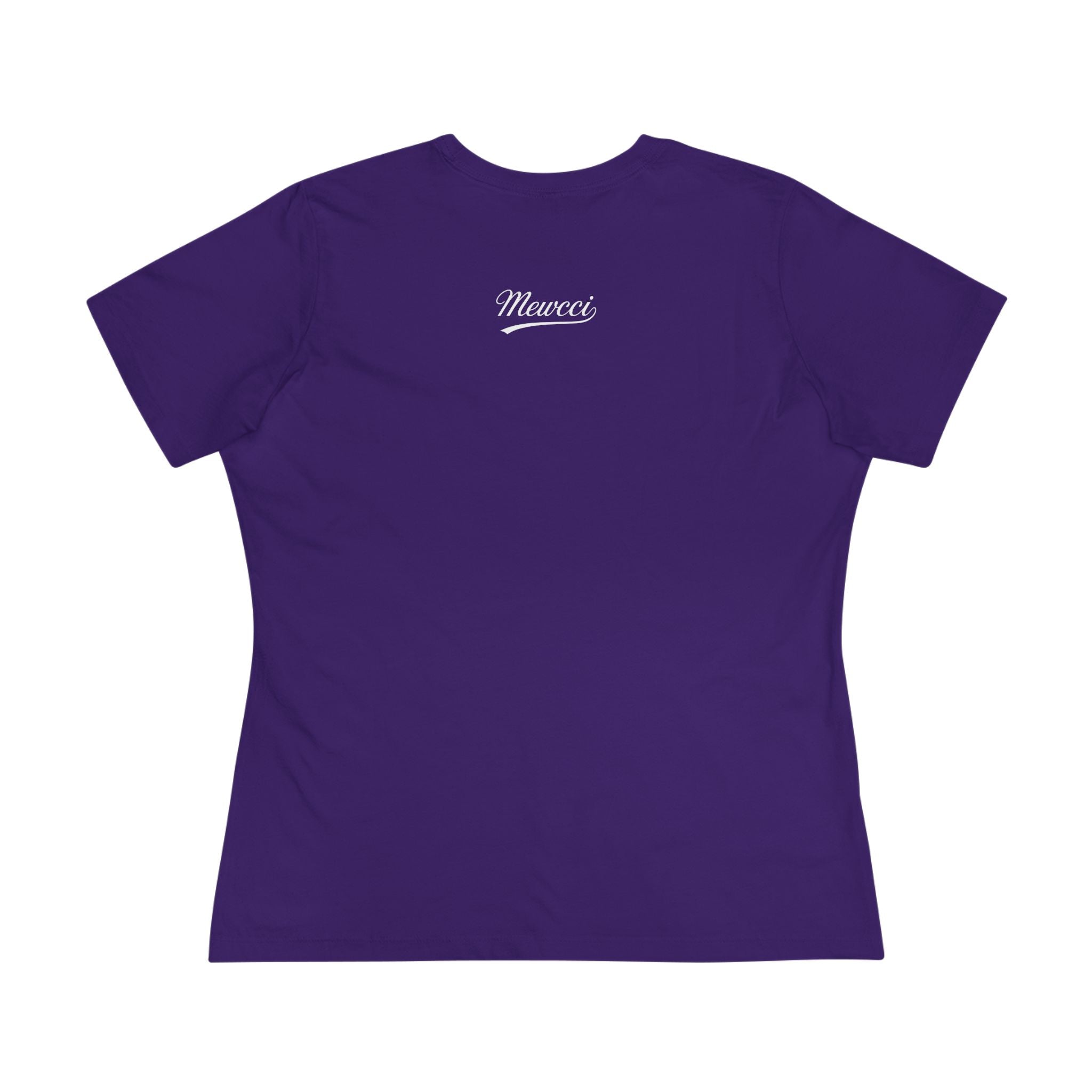 Mewcci Iconic Box Cat Graphic Women's T-Shirt in team purple, back view