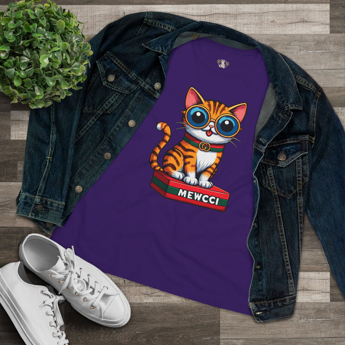 Mewcci Iconic Box Cat Graphic Women's T-Shirt in team purple, flat lay