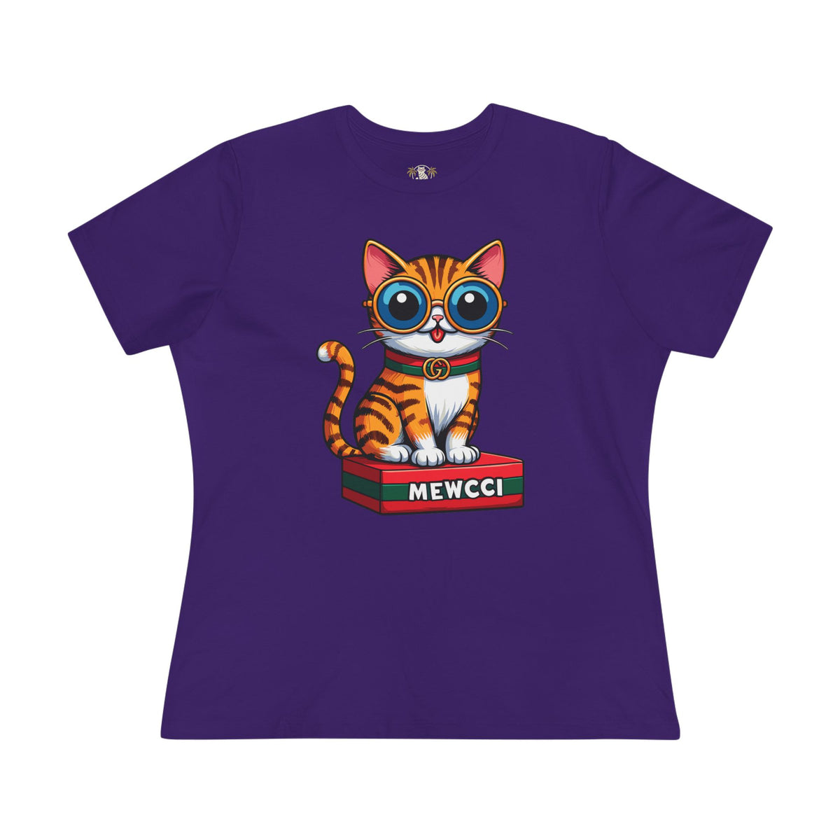 Mewcci Iconic Box Cat Graphic Women's T-Shirt in team purple, front view