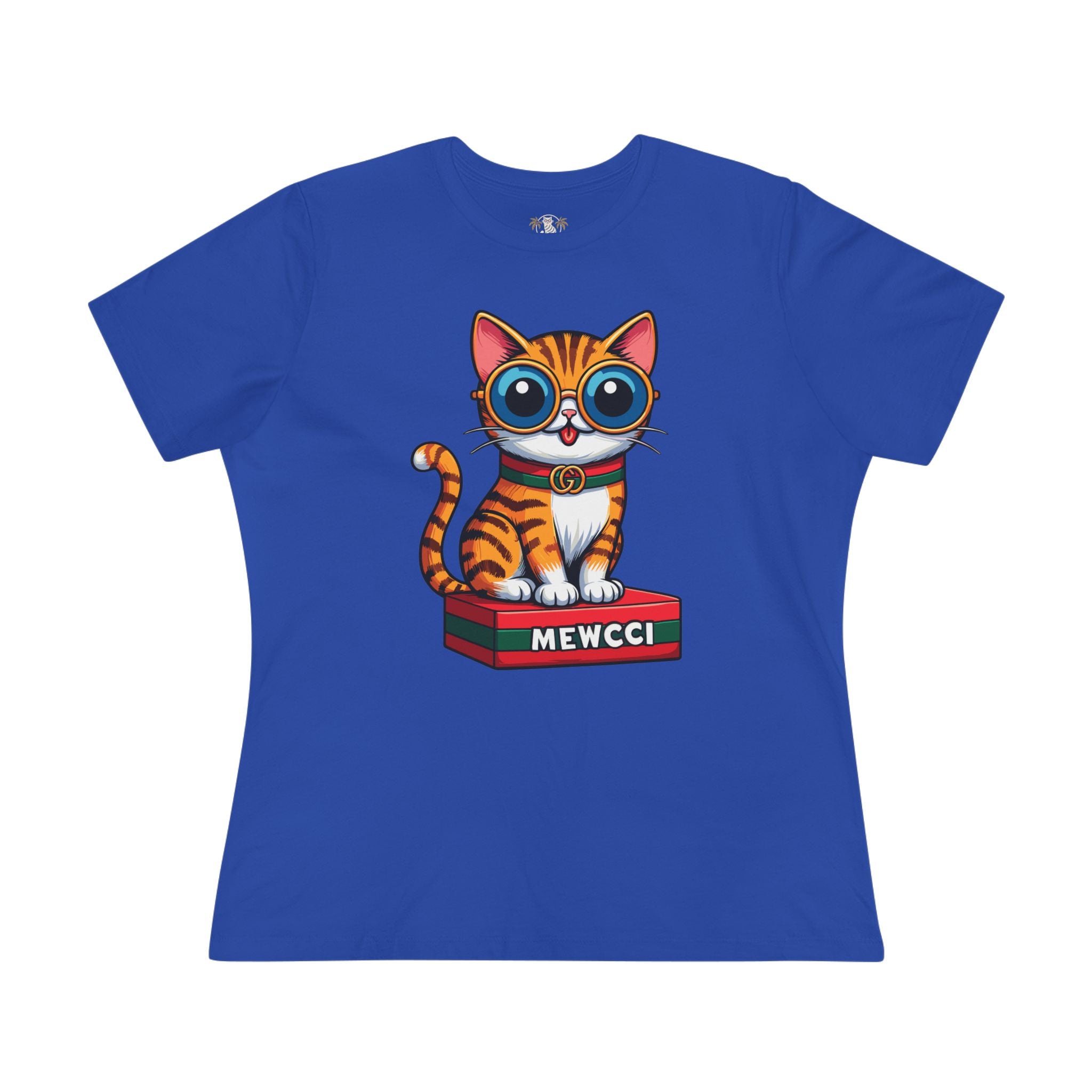 Mewcci Iconic Box Cat Graphic Women's T-Shirt in true royal, front view