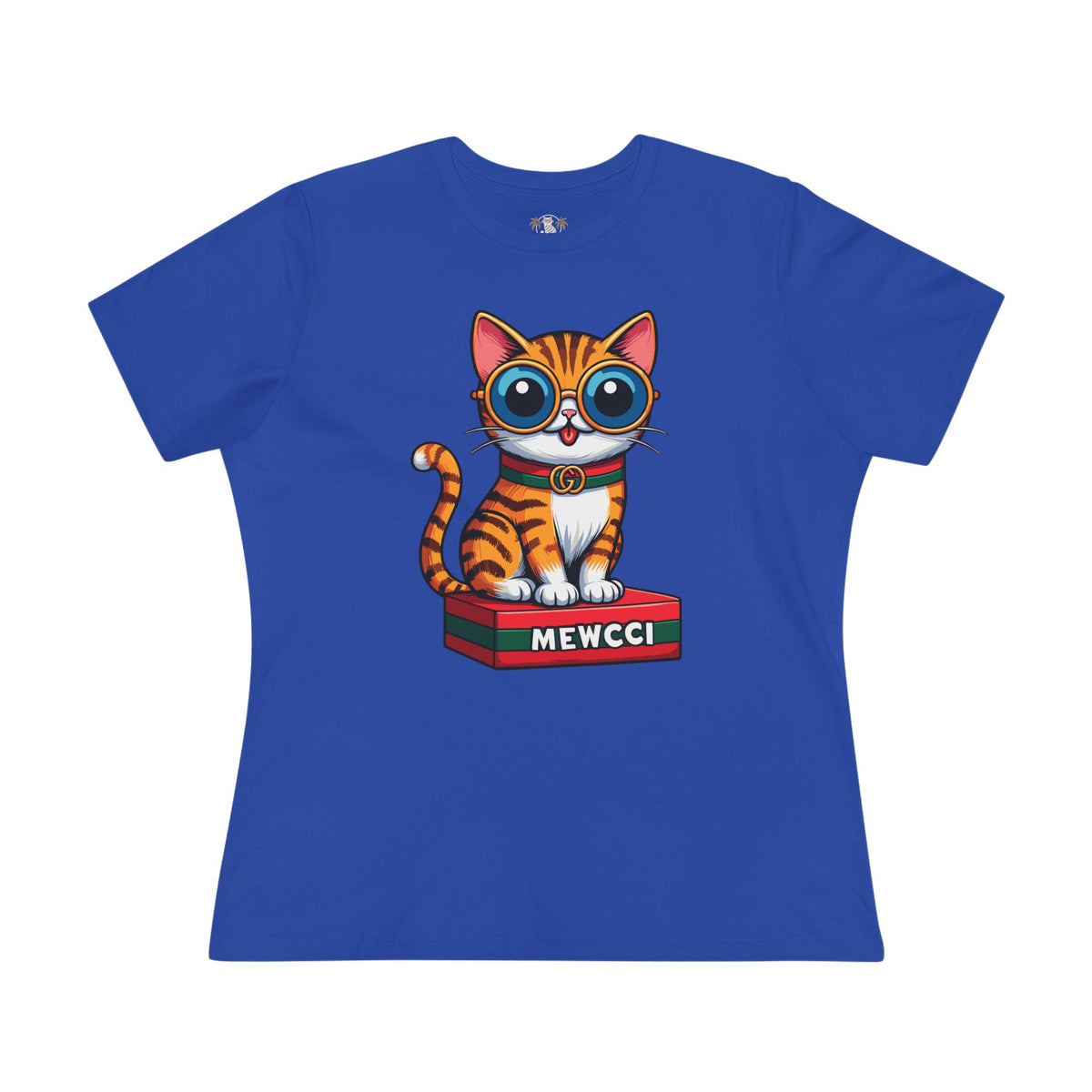 Mewcci Iconic Box Cat Graphic Women's T-Shirt in true royal, front view