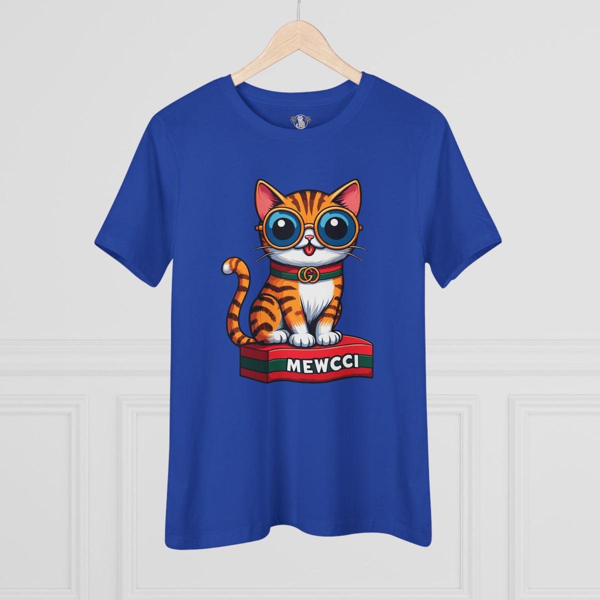 Mewcci Iconic Box Cat Graphic Women's T-Shirt in true royal, on a hanger