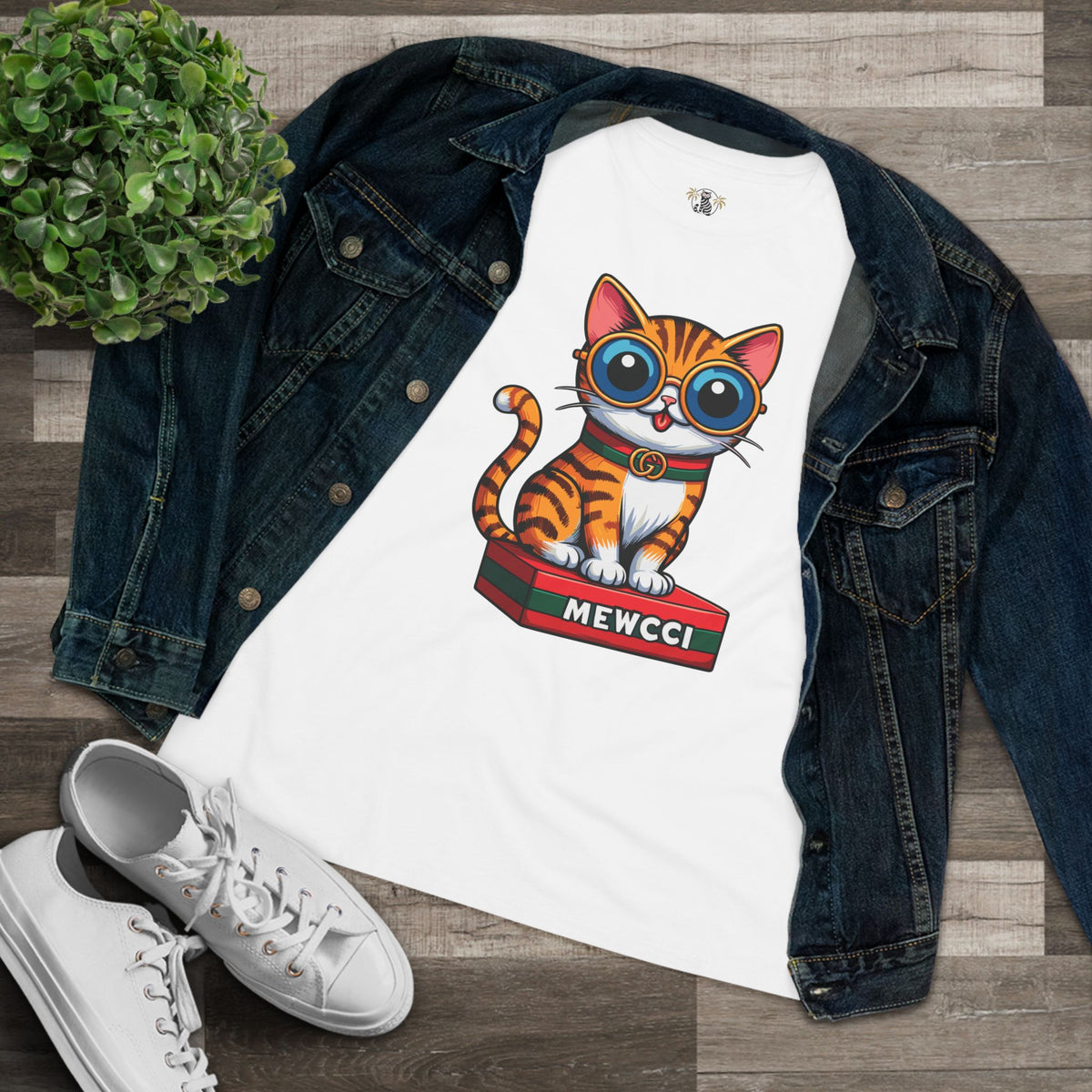 Mewcci Iconic Box Cat Graphic Women's T-Shirt in white, flat lay