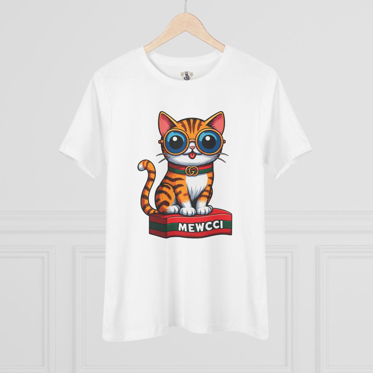 Mewcci Iconic Box Cat Graphic Women's T-Shirt in white, on a hanger