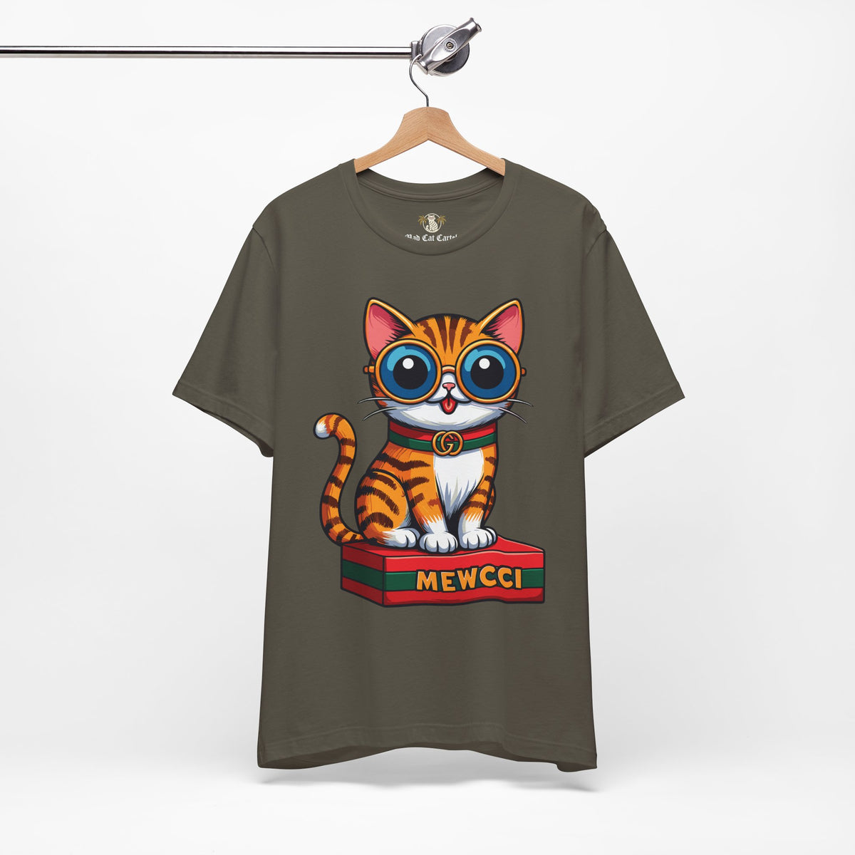Mewcci Iconic Box Graphic T-Shirt in army, on a hanger