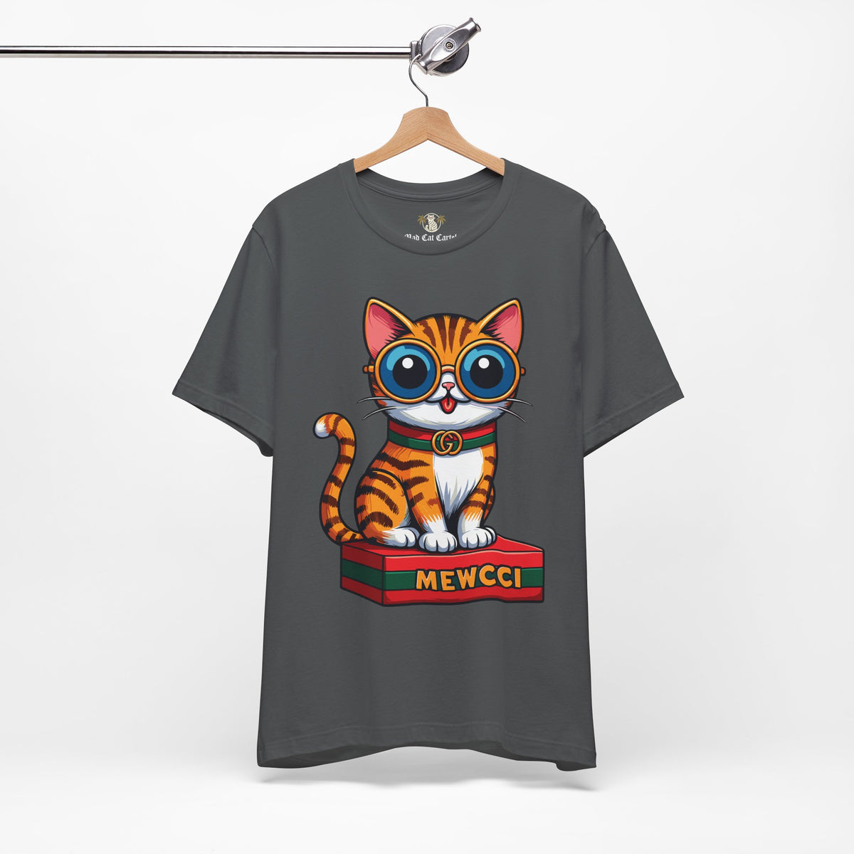 Mewcci Iconic Box Graphic T-Shirt in asphalt, on a hanger