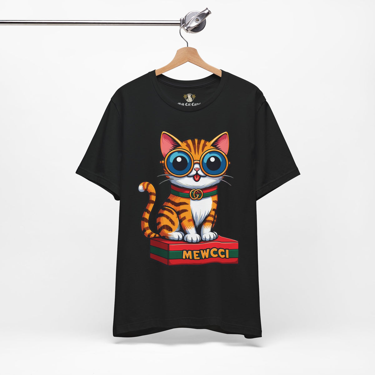 Mewcci Iconic Box Graphic T-Shirt in black, on a hanger