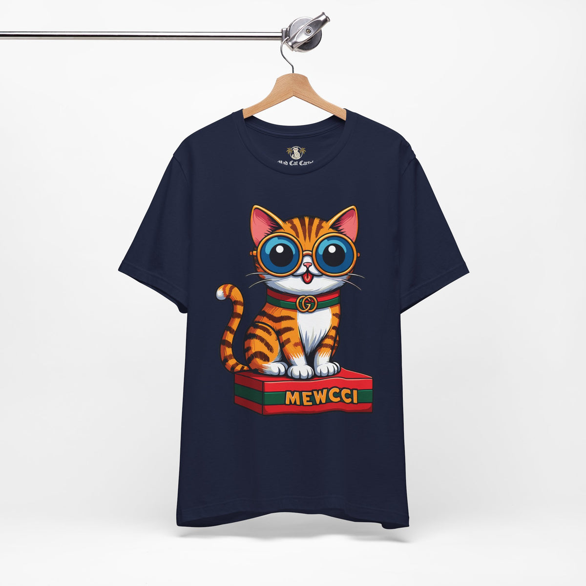 Mewcci Iconic Box Graphic T-Shirt in navy, on a hanger