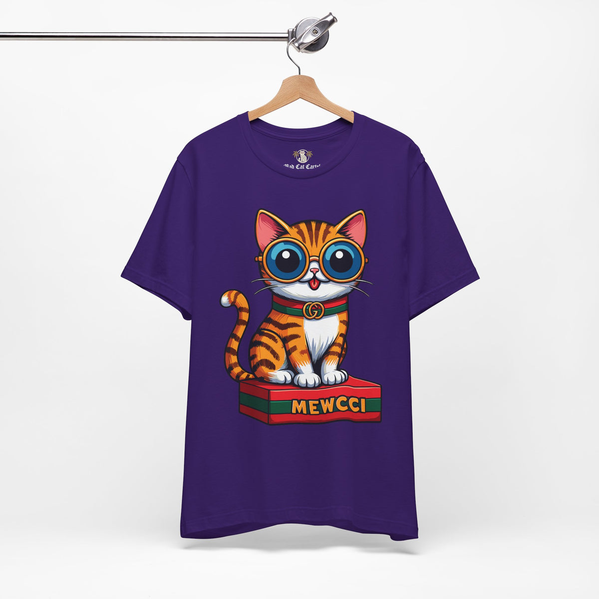 Mewcci Iconic Box Graphic T-Shirt in team purple, on a hanger