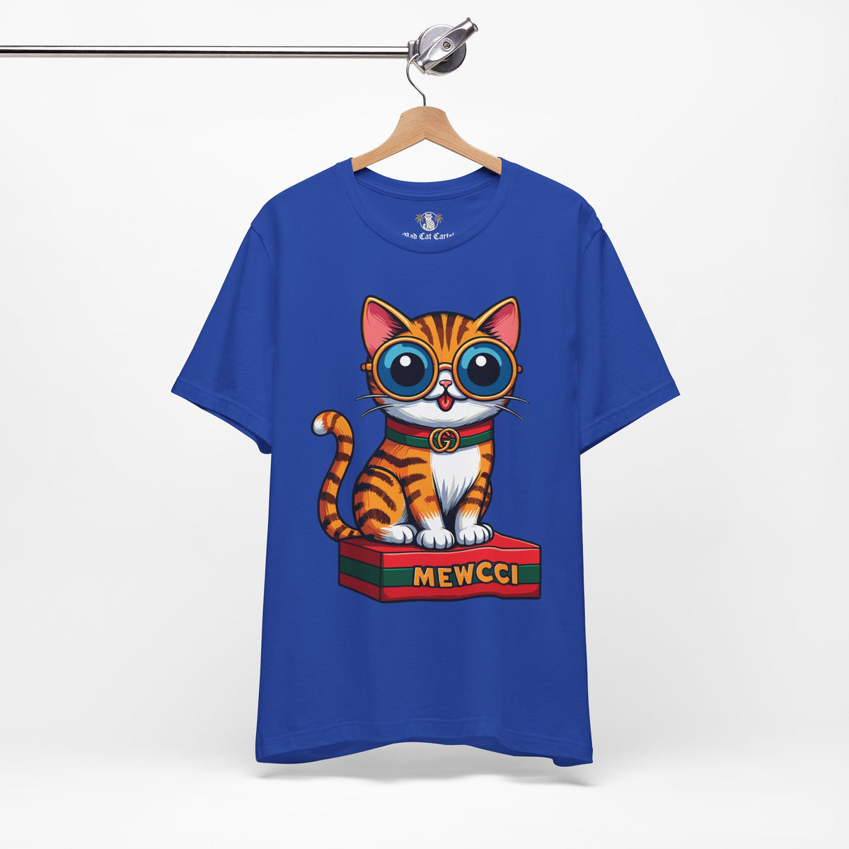 Mewcci Iconic Box Graphic T-Shirt in true royal, on a hanger