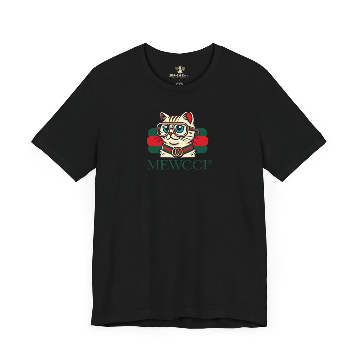 Mewcci Luxe Label Graphic Cat Graphic T-Shirt in black, front view