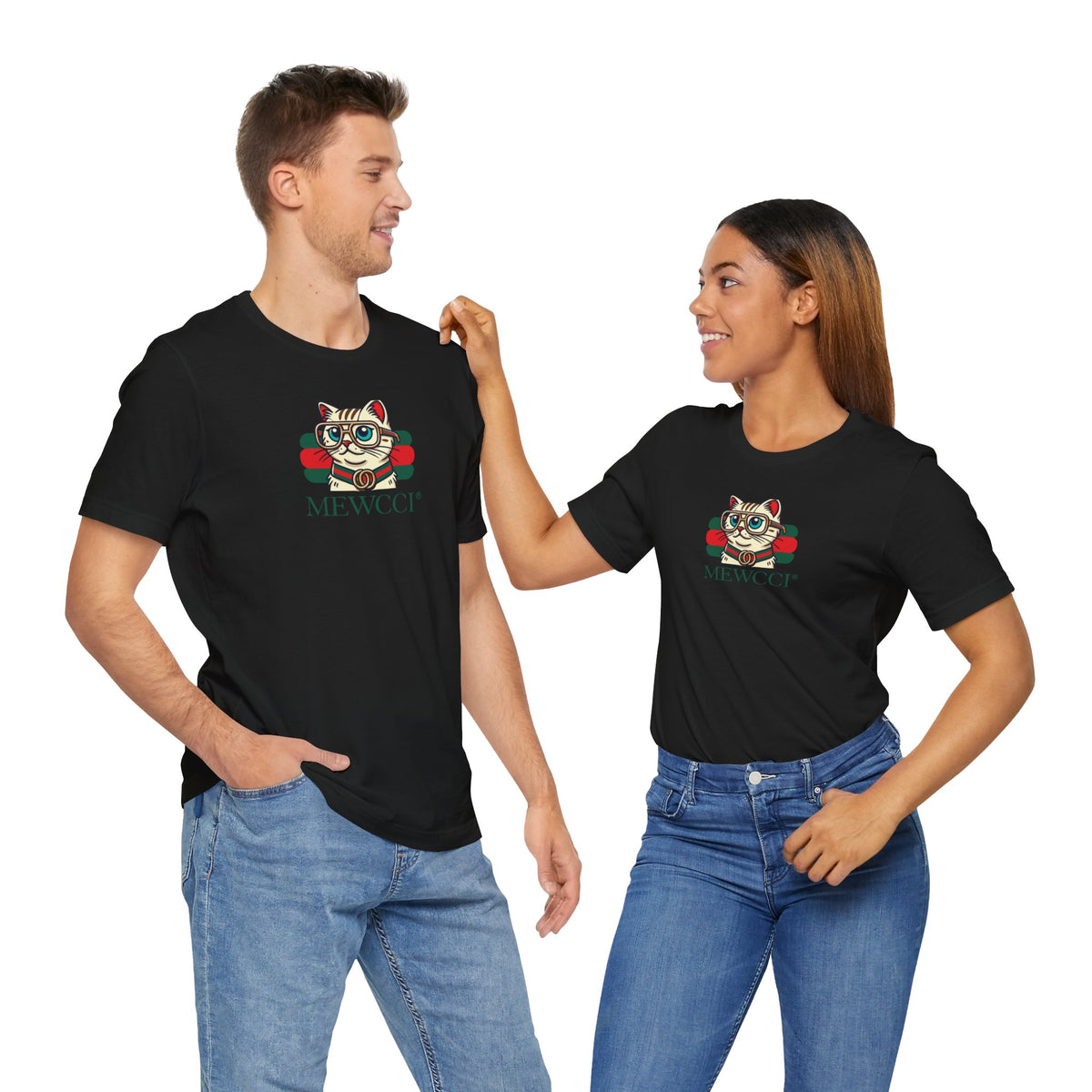 Mewcci Luxe Label Graphic Cat Graphic T-Shirt in black, worn by two models