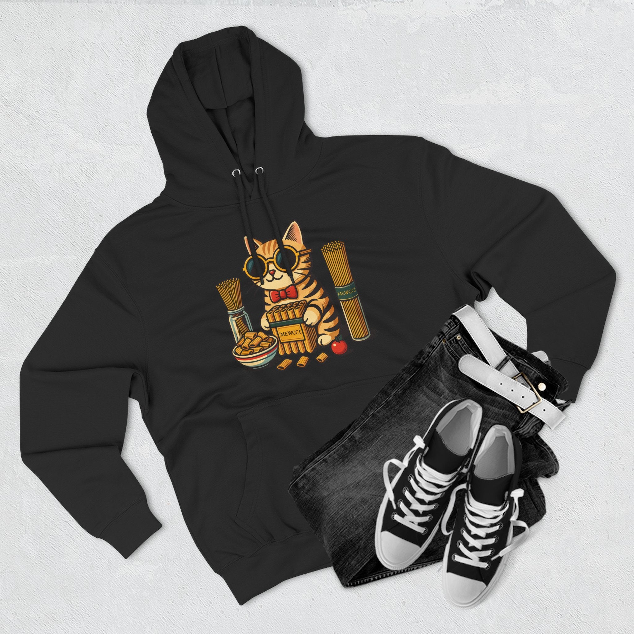 Mewcci Pasta Chef Cat Graphic Hoodie in black, flat lay