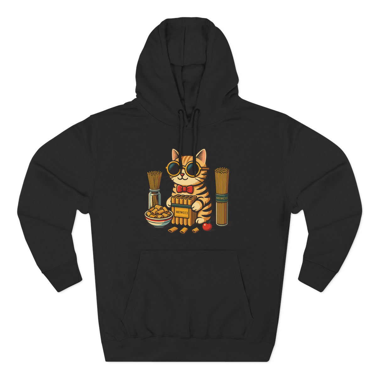 Mewcci Pasta Chef Cat Graphic Hoodie in black, front view