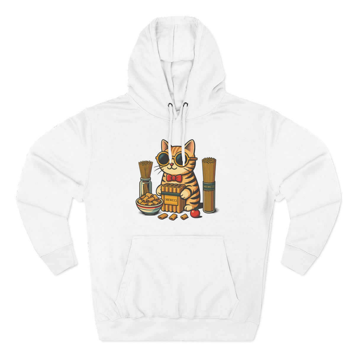 Mewcci Pasta Chef Cat Graphic Hoodie in white, front view