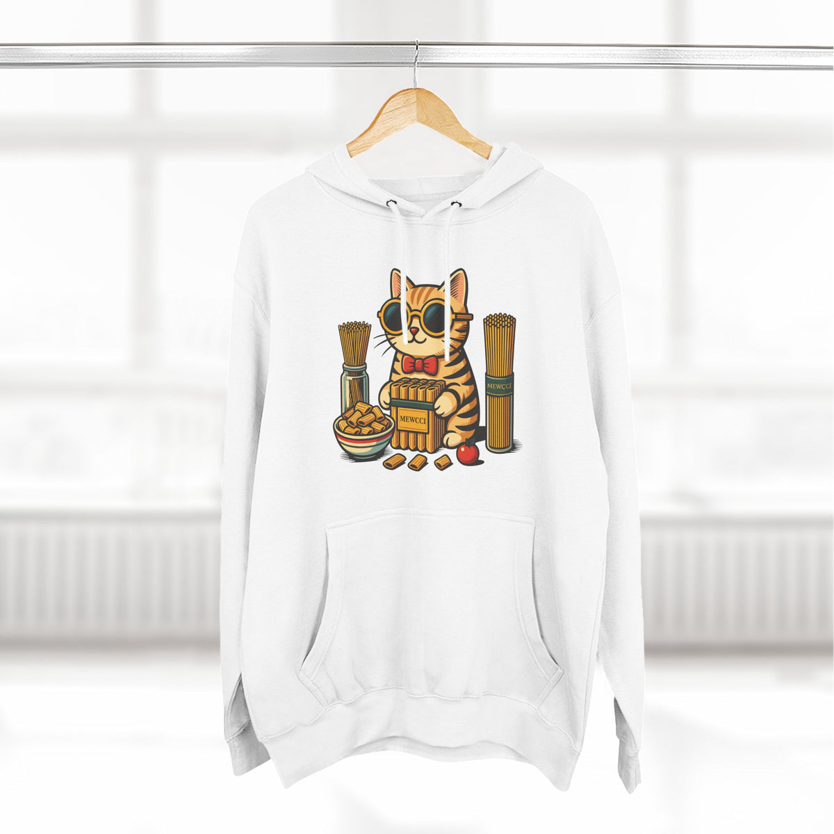 Mewcci Pasta Chef Cat Graphic Hoodie in white, on a hanger