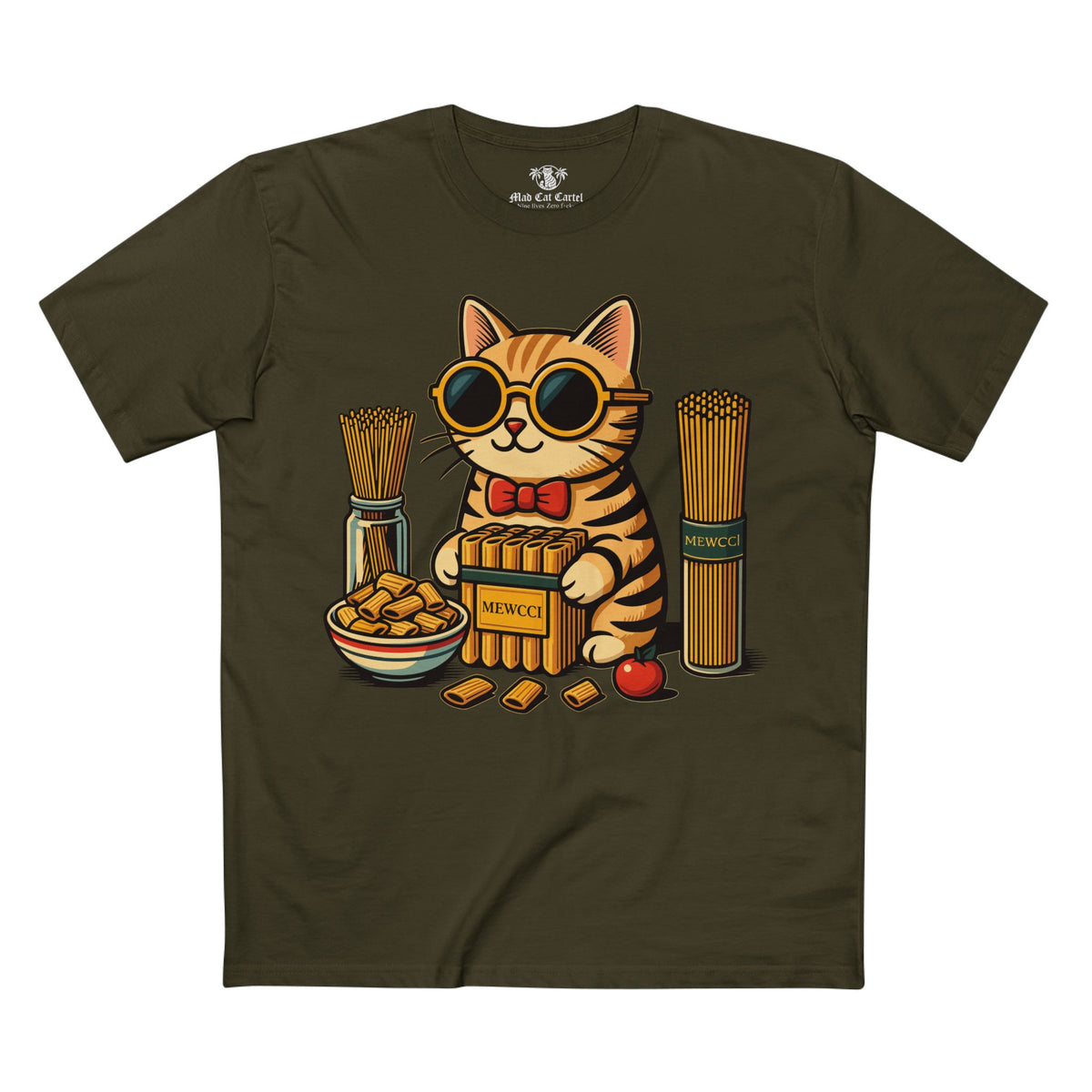 Mewcci Pasta Chef Cat Graphic T-Shirt in army, front view