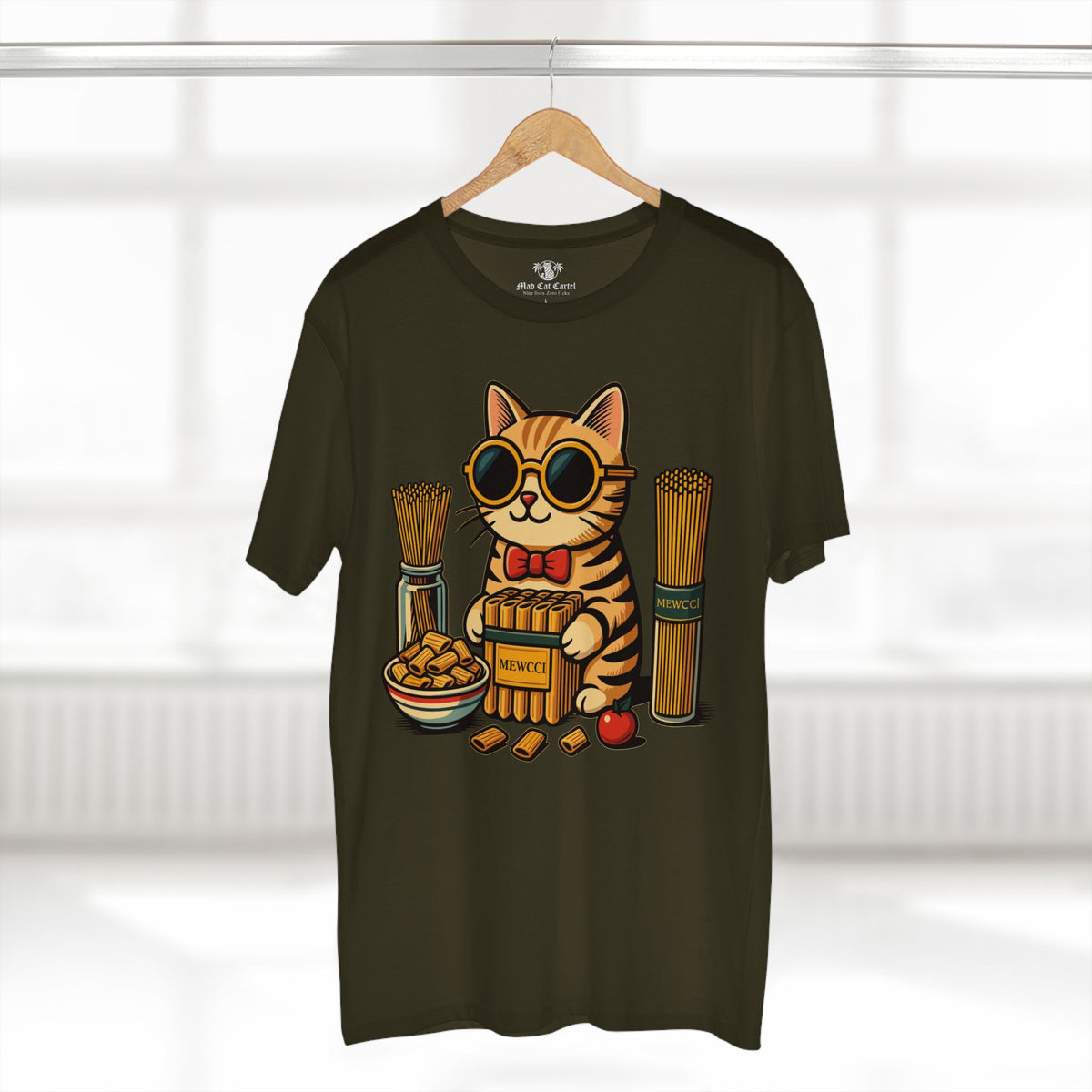 Mewcci Pasta Chef Cat Graphic T-Shirt in army, on a hanger